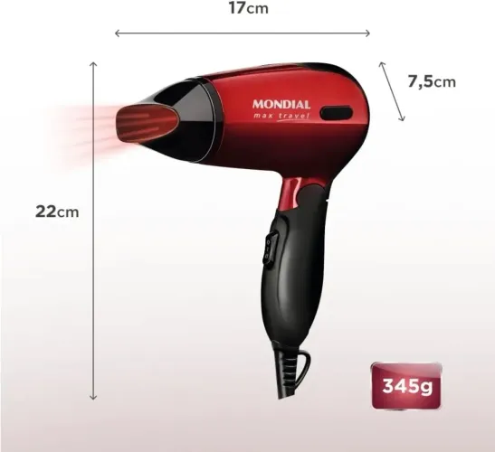 MONDIAL Secador, Max Travel, Bivolt, Preto/Vermelho, 1200W - SC-10