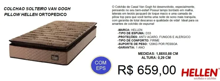 COLCHAO SOLTEIRO PILLOW HELLEN ORTOPEDICO D33- ENTREGA GRATIS