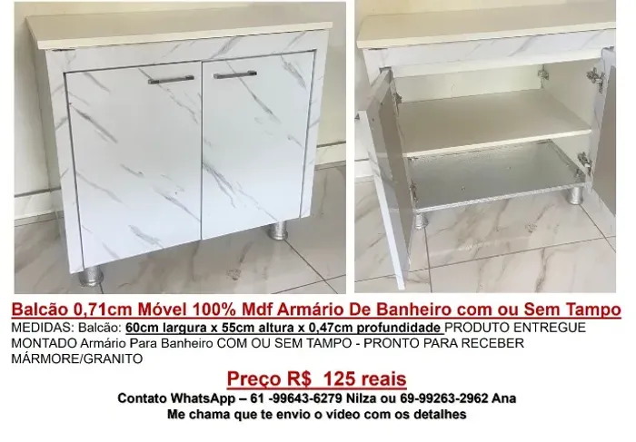 Balcão 0,71cm Móvel 100% Mdf Armário De Banheiro com ou Sem Tampo 