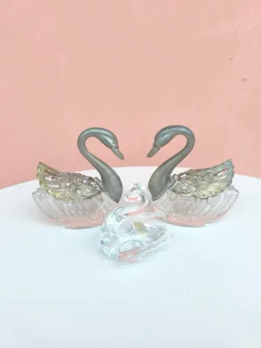 conjunto cisnes de cristal e metal prateado pequenos vintage antigo decoração