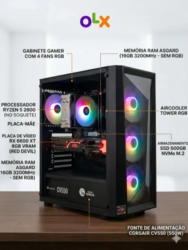 PC Gamer | Ryzen 5 2600 | RX 6600 XT 8GB | 16GB RAM | SSD 500GB NVMe | Fonte Corsair 550W