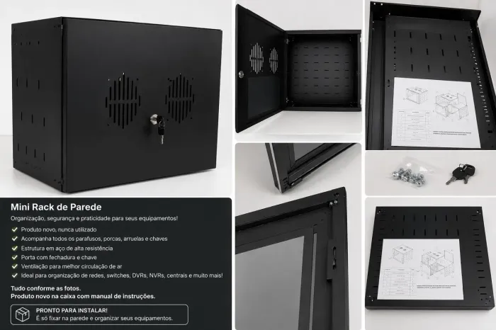 Mini Rack de Parede 8U Novo com Chave e Acessórios