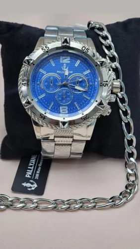 Relógio masculino prateado com fundo azul e corrente BCMR04