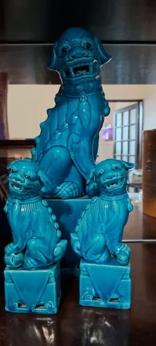 Estátuas chinesas mitologicas Cães de Fo em porcelana turquesa guardiões sagrados- 