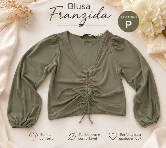 Blusa Franzida Verde Oliva Manga Longa com Amarração - Tamanho P