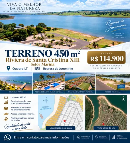 TERRENO 450 m² NO RIVIERA DE SANTA CRISTINA XIII<br>Represa de Jurumirim ? Quadra LT