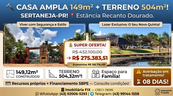 ? CASA AMPLA 149m² + TERRENO 504m²! SERTANEJA-PR!