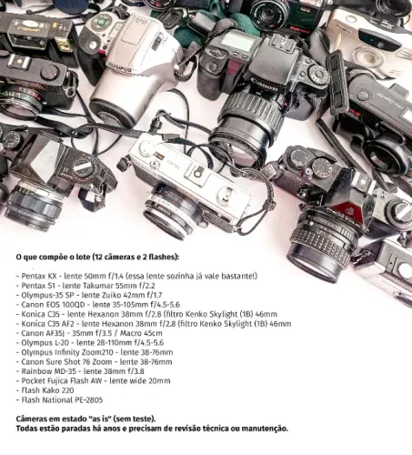 Lote de 12 Câmeras analógicas e 2 Flashs p/ Colecionadores: Pentax, Olympus, Canon e mais