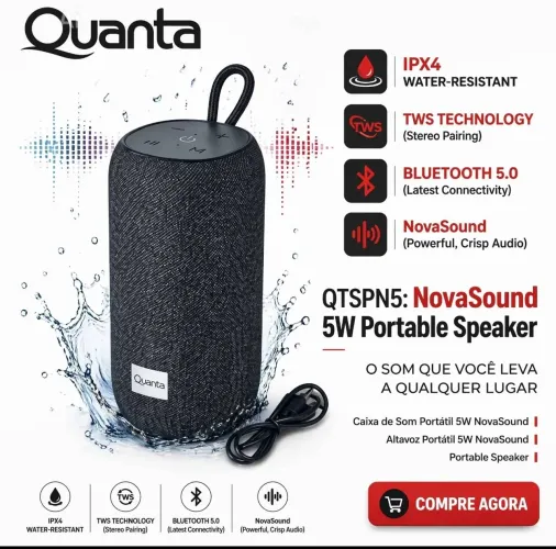 Caixa de Som Portátil Quanta QTSPN5 5W IPX4 estilo JBL