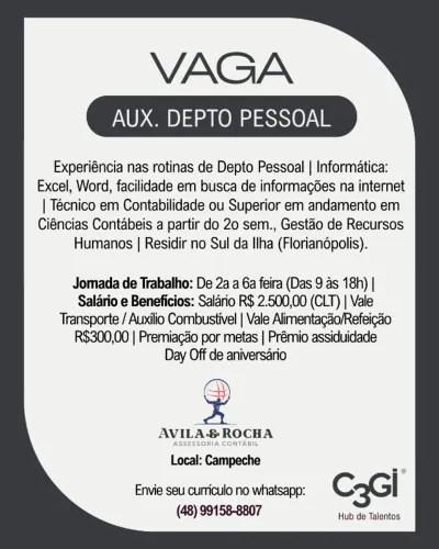 Vaga: Auxiliar de Depto Pessoal - Bairro: Campeche
