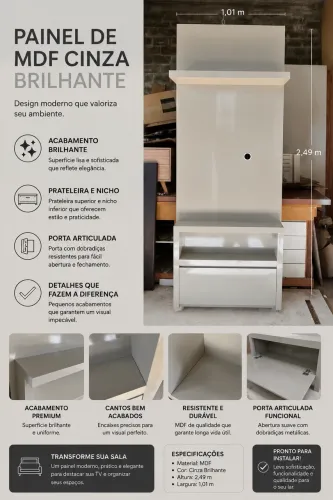 Painel de TV feito em MDF CINZA BRILHANTE