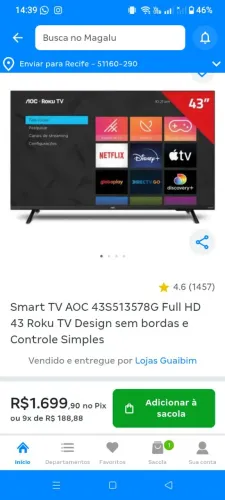 Smart TV Full HD 43 roku design sem bordas controle simples