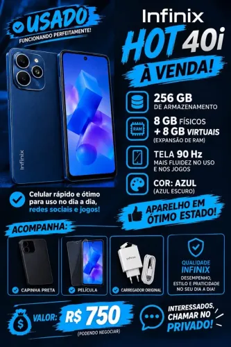 Infinix Hot 40i - 256GB / 16GB RAM (8GB + 8GB) - Completo e Impecável!