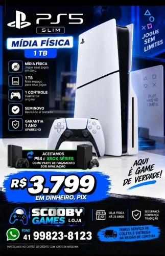 PS5 SLIM MÍDIA FÍSICA 1 TB SEMINOVO 1 CONTROLE, GARANTIA 1 ANO, LOJA