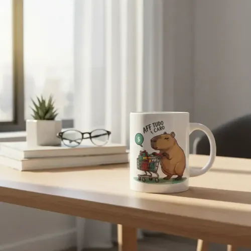 caneca de porcelana estampa capivara mercado tudo caro aff !!