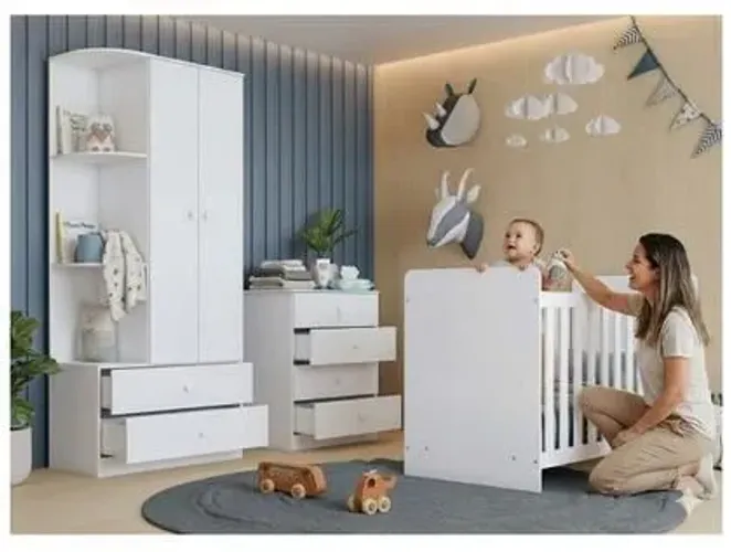 Quarto de Bebê Completo com Guarda-roupa Berço e Cômoda Henn Labirinto Branco