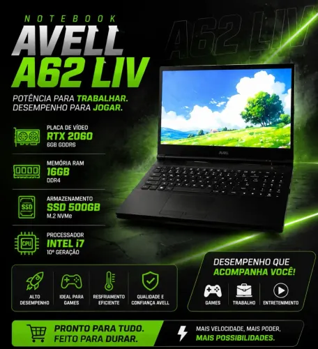 Notebook Avell A62 liv + Rtx 2060, i7 10 geração