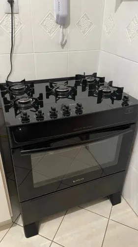 Fogão 5 Bocas Atlas Preto Mesa de Vidro Mônaco Top Glass