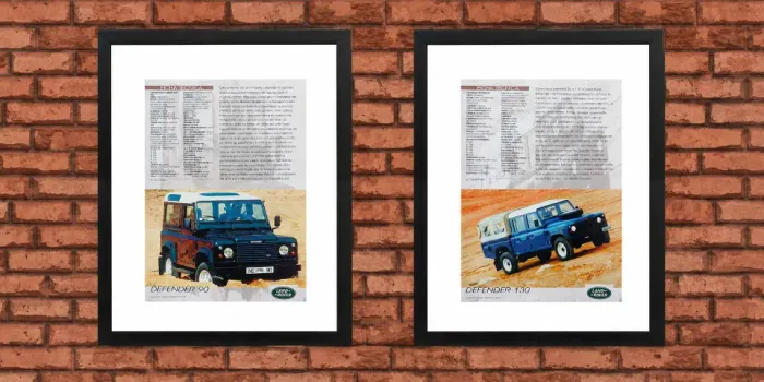 Land Rover Defender - Kit 2 quadros decorativos com fichas técnicas
