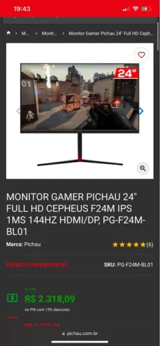 Monitor pichau 144hz 24Pol 1Ms Freesync