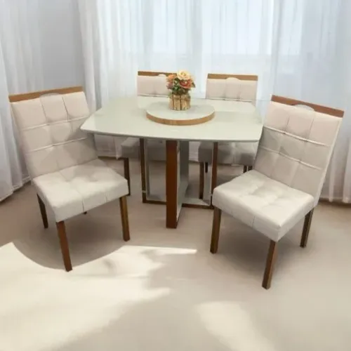Mesa  de Jantar 4 Cadeiras Atlas Mel/Off White Canto Barril 120×90 Cadeiras Sophia