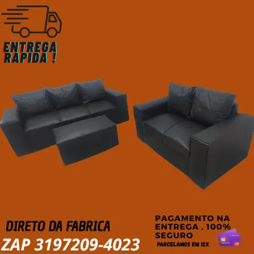 Sofá 3 e 2 Lugares com Puff em Couro Sintético - Direto da Fábrica