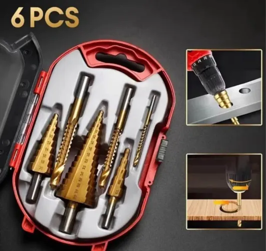 Kit de 6 Brocas Escalonadas Cônicas - HSS com Revestimento de Titânio, Inclui Estojo