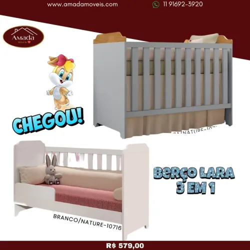 Berço Lara 3 em 1 Branco/Nature - à pronta entrega 