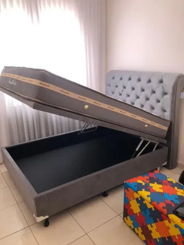 Cama Box com Baú e Cabeceira Estofada Cinza e colchão 