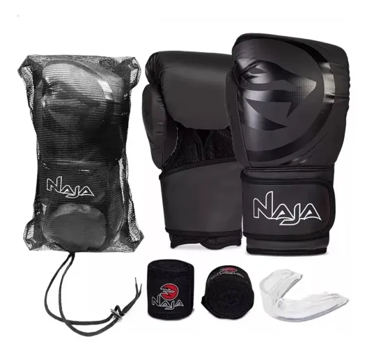 Kit Luva Box Muay Thai Naja Black Line 12oz + Bandagem + Bucal