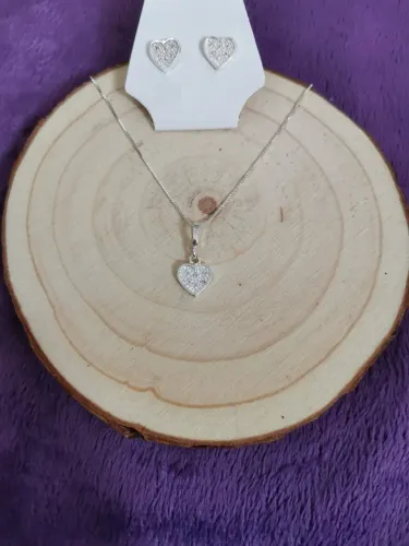 Conjunto Brinco E Colar Coração Em Prata 925