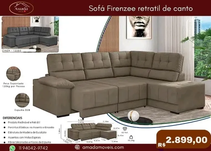 Sofá Firenzee retrátil de canto, a pronta entrega 