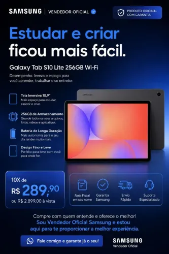 ? Galaxy Tab S10 Lite 256GB Wi-Fi ? potência para estudar, trabalhar e criar! ?