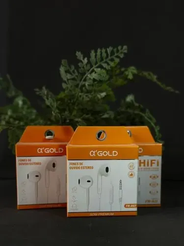Fone Com Fio Lightning iPhone Alpha Gold FN-A16L Som Premium Microfone