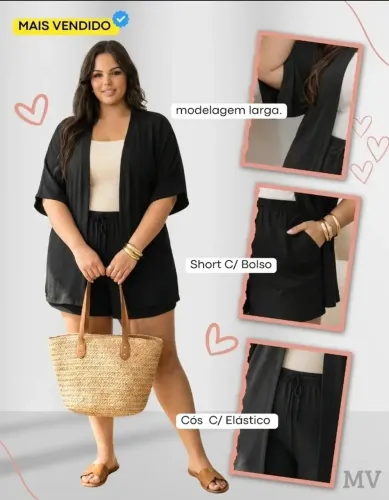 Conjunto Plus Size Kimono Feminino Liso Básico Short Bolso