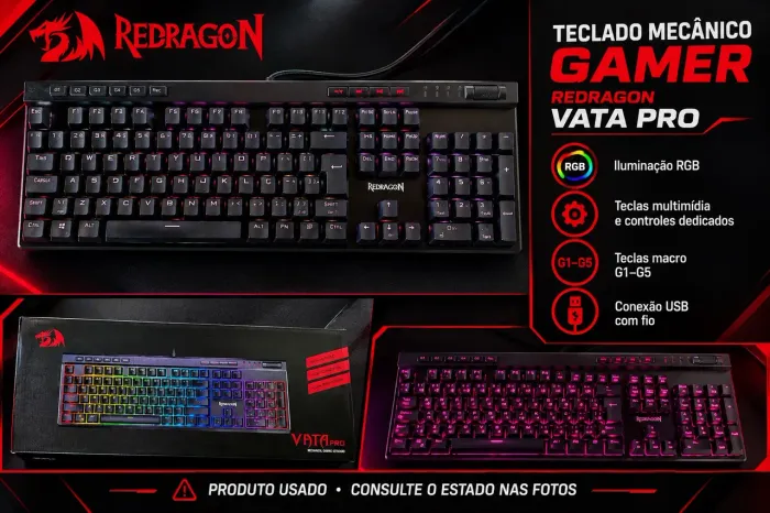 TECLADO MECÂNICO GAMER REDRAGON VATA PRO RGB
