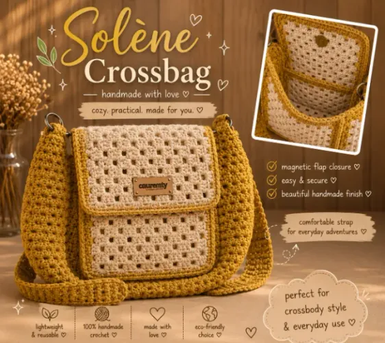 Bolsa Transversal Crochê Artesanal Solène - Fecho Magnético - Feita à Mão