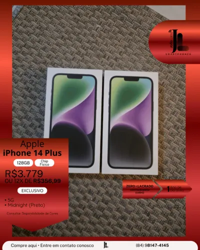 IPHONE 14 PLUS, 5G, 128GB, CHIP FÍSICO, LACRADO, EXCLUSIVO!