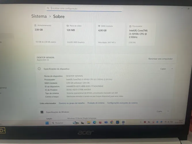 Notebook Acer core i3 256ssd