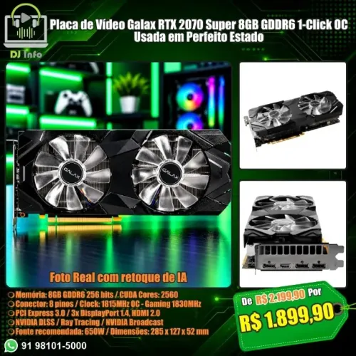 Placa de Vídeo Galax RTX 2070 Super 8GB GDDR6 1-Click OC Usada em Perfeito Estado