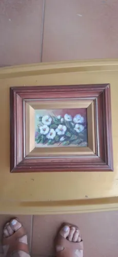 Mini Quadro Vintage Flores | Tela Assinada M. Sofia | 12x9 cm | Moldurado