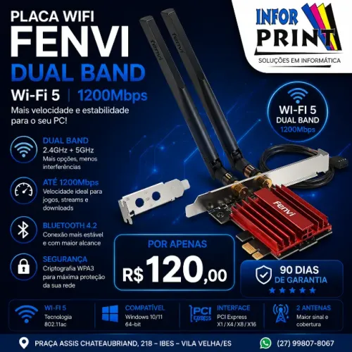 Placa Wifi Pciex Fenvi Dual Band 1200Mhz
