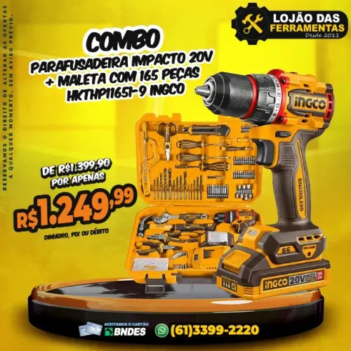 Combo Parafusadeira Impacto 20v + Maleta Com 165 Peças Hkthp11651-9 Ingco