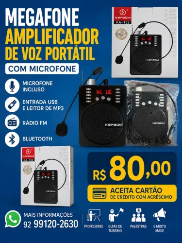 Megafone Amplificador de Voz com microfone, USB, Rádio e Bluetooth R$ 80,00