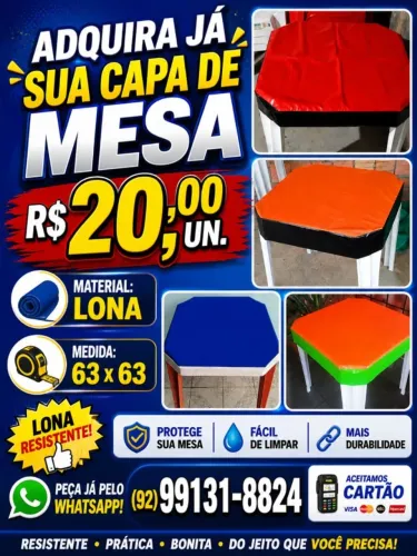Capa para mesa em lona medida 63 x63 pronta para retirada 