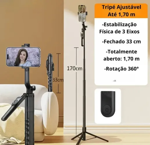 Tripé / Bastão Portátil 1,70 M Com Controle