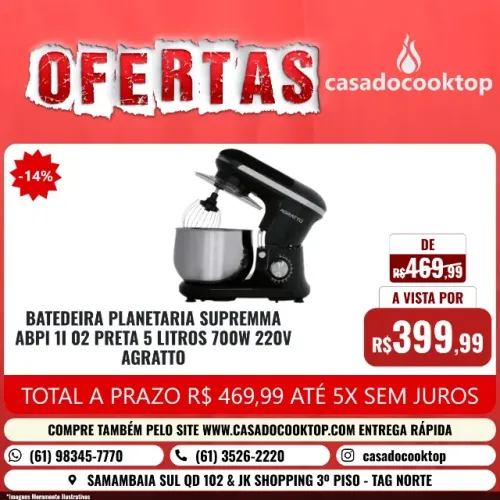 BATEDEIRA PLANETARIA SUPREMMA ABPI1I-02 PRETA 5 LITROS 700W 220V AGRATTO