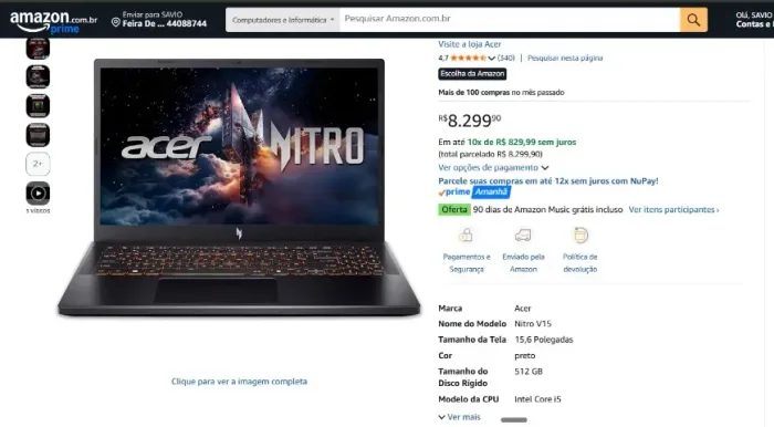 Notebook Gamer Acer Nitro V15 i5 RTX 4050 16GB Windows c/ garantia EXTENDIDA