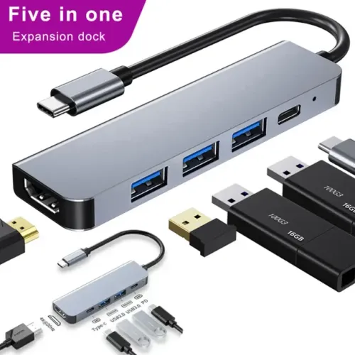 Mobilador Hub USB-C 5 em 1 Cinza HDMI, Carregamento PD, USB 3.0/2.0