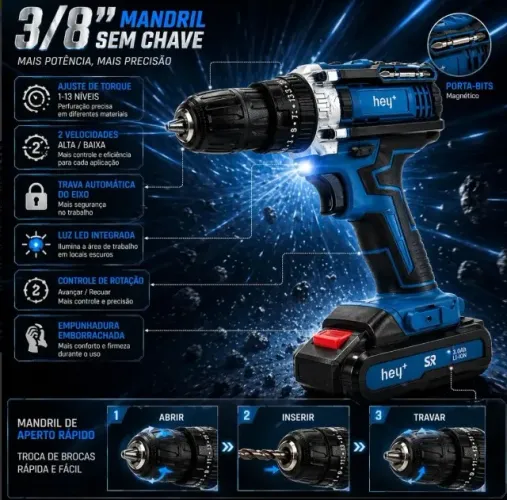 ? FURADEIRA, PARAFUSADEIRA E MARTELETE HEYPLUS 21V - KIT COMPLETO COM 2 BATERIAS ?